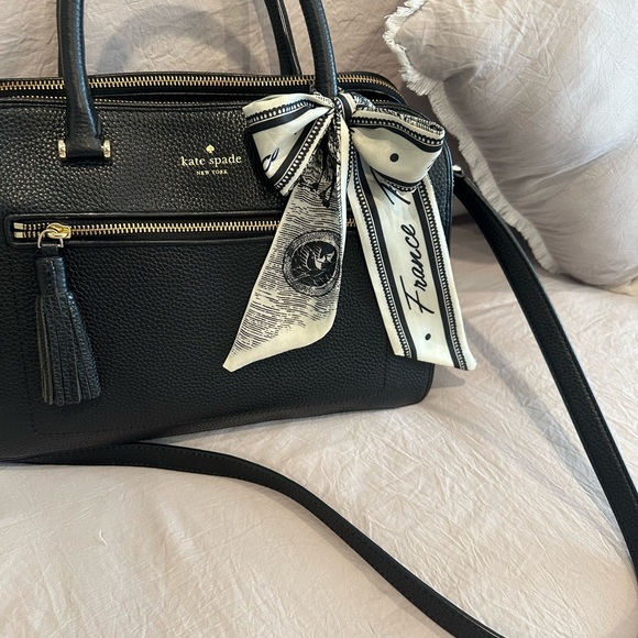 SOLD - Kate Spade Black Pebbled leather satchel with Charm or Bag scarf - Picture 3 of 16